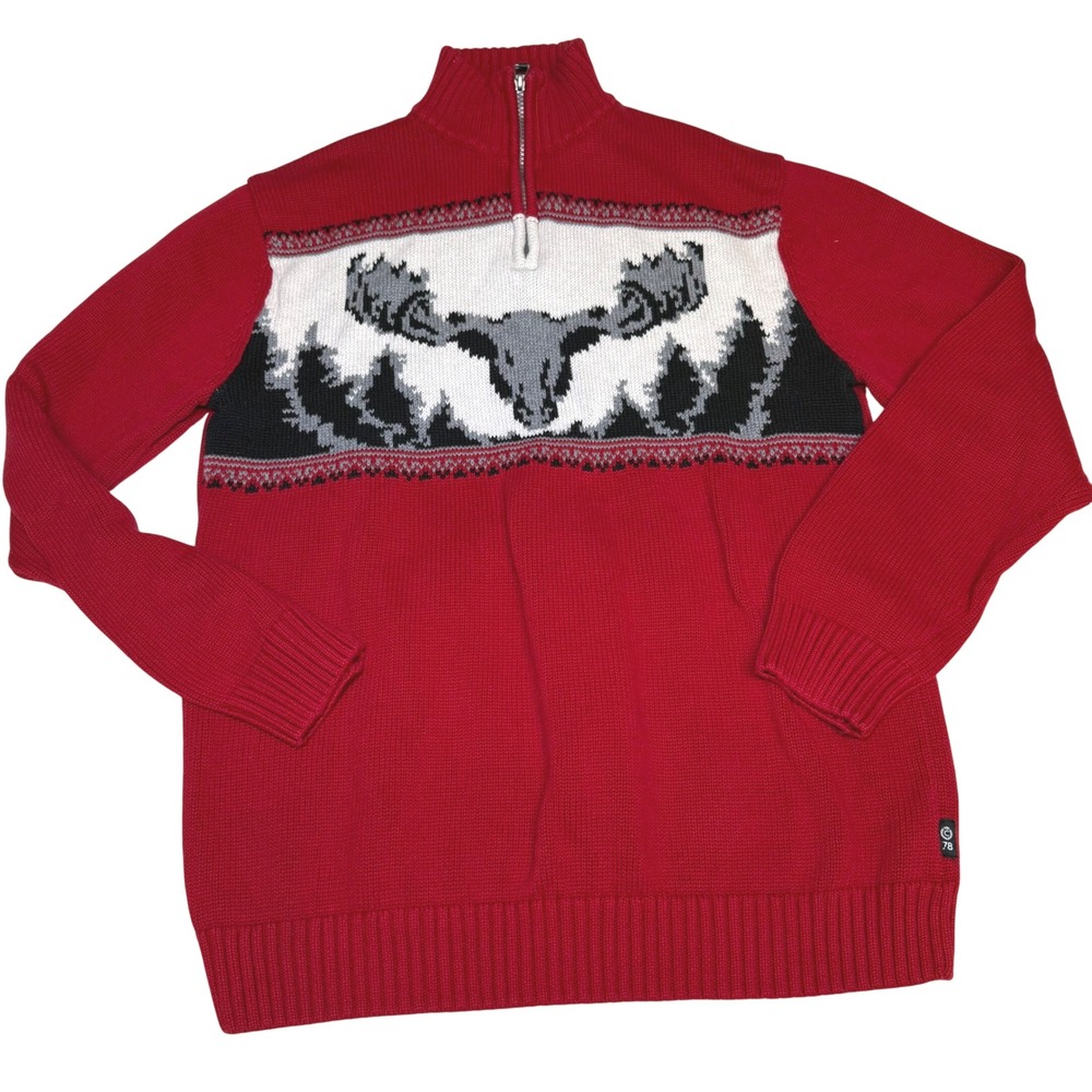 Vintage Chaps cotton knit‎ 1/4 zip red sweater with Moose men's size Medium